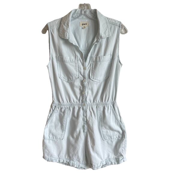 Pact 100% Organic Cotton Romper XS Button Front Utility Shorts Light Wash - Picture 1 of 14